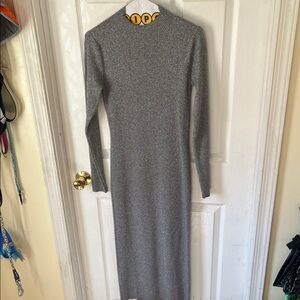 Ann Taylor Gray Ribbed Long-Sleeve Midi Dress